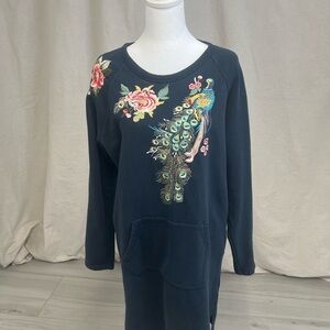 DRIFTWOOD Women's Layla Navy Dress with Floral and Peacock Embroidery Sz L